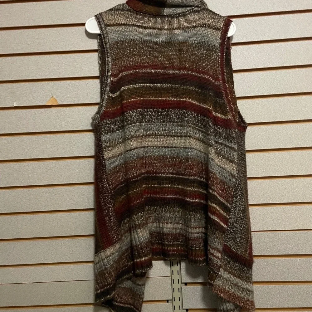 Cato Womens XL Striped Open Front Knit Vest‎ Brown Burgundy Shawl Collar RN37080